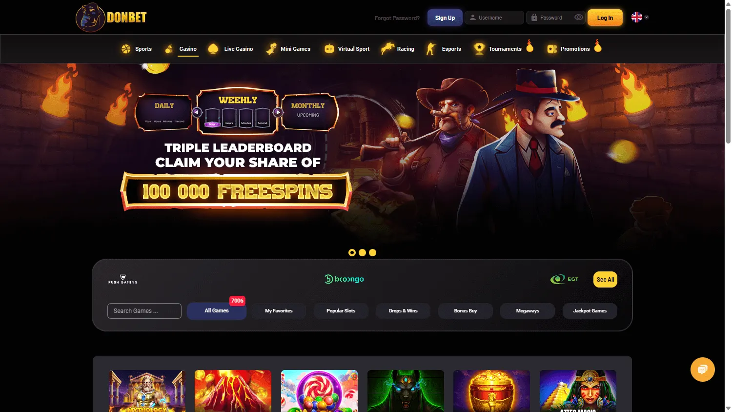 Donbet Casino desktop games area with pokies, live tables and other game categories