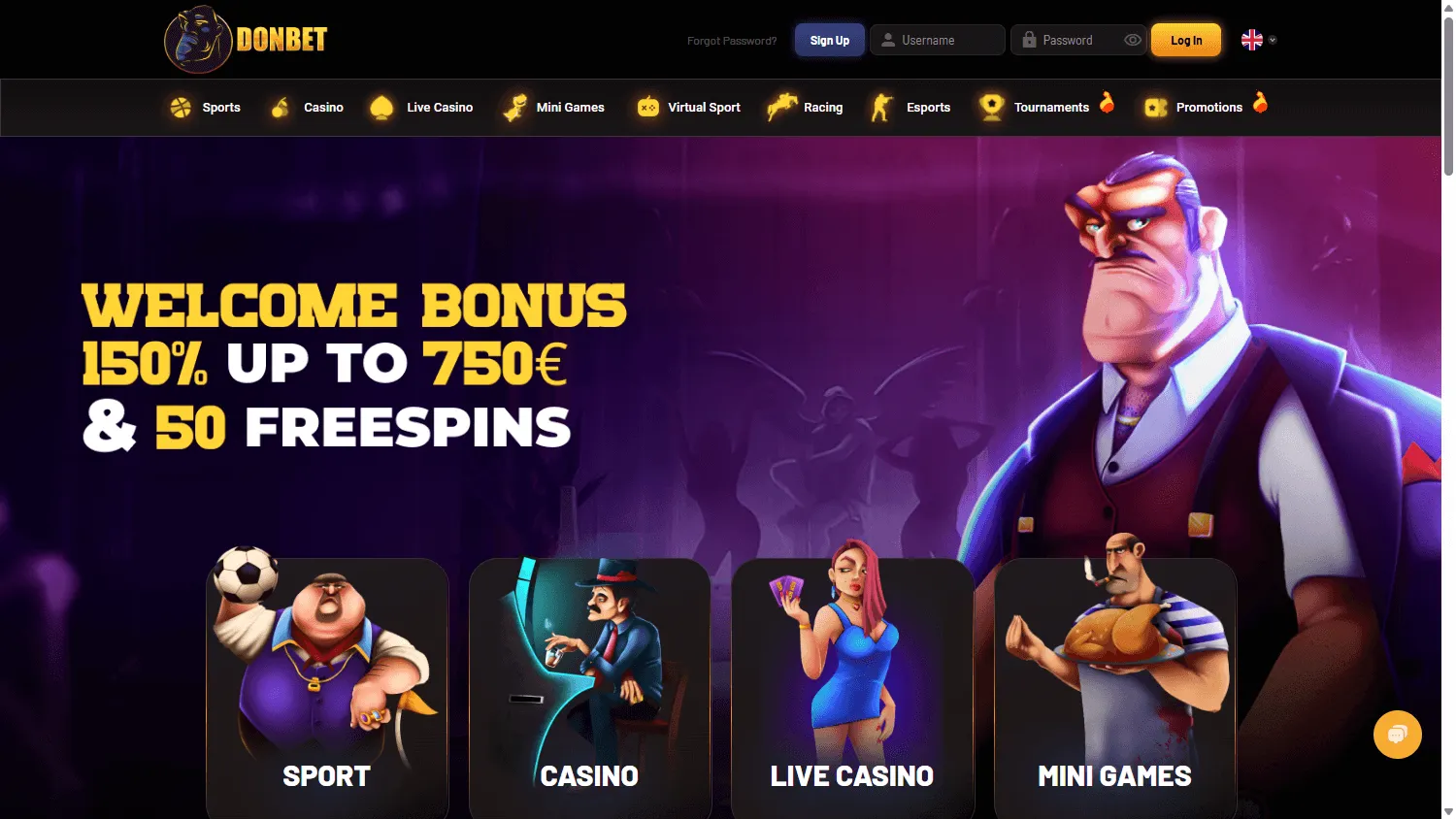 Donbet Casino desktop home with casino, live casino and sportsbook access
