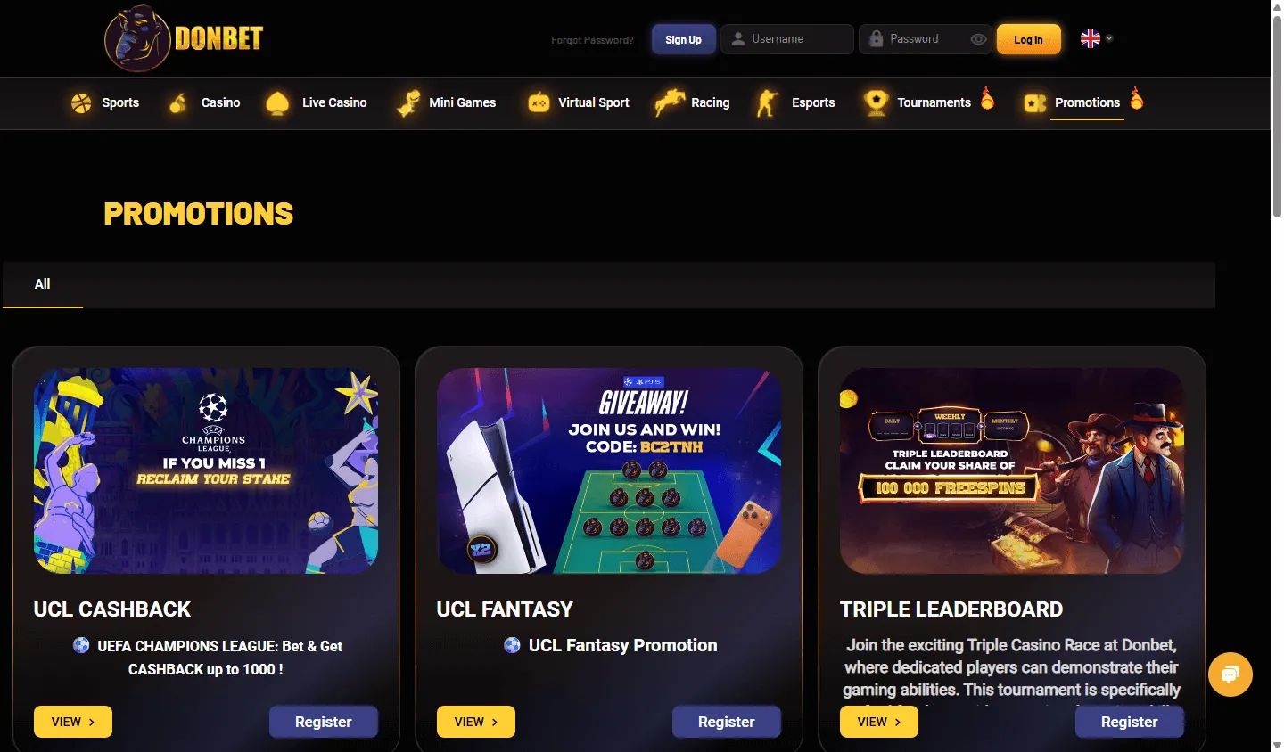 Donbet Casino desktop promotions area with welcome, cashback and tournament offers